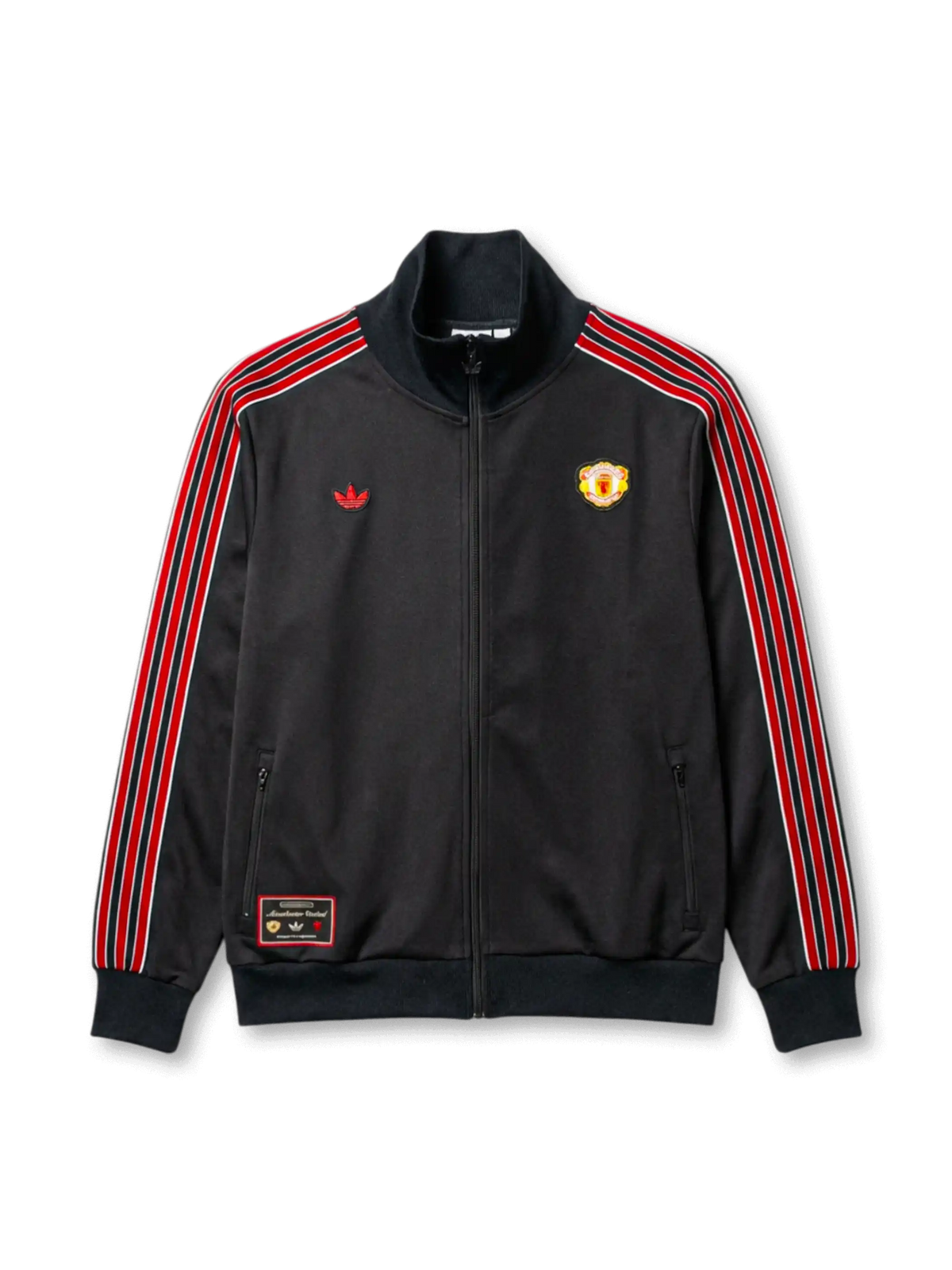 マンチェスター・ユナイテッド adidas Originals 復刻トラックジャケット ブラック — レッドストライプとヴィンテージ円形エンブレムを配した復刻ライフスタイルライン