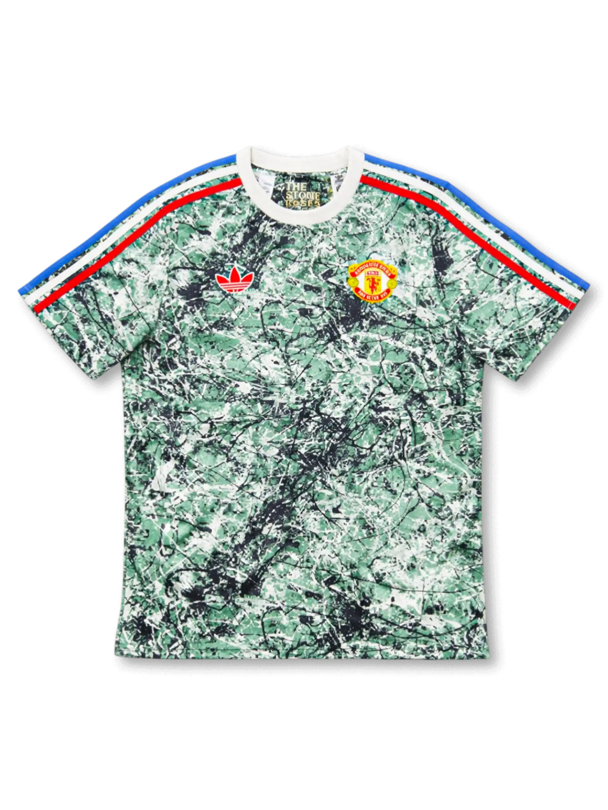マンチェスター・ユナイテッド Stone Rosesグリーンスプラッター限定正面、THE STONE ROSES刺繍カラー・トリコロール袖