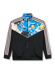 マンチェスター・ユナイテッド adidas Originals × ストーン・ローゼズ トラックトップ正面、ブラック×マルチカラースプラッシュV型パネル・ピンク3本ストライプ・トレフォイルロゴ・マンUエンブレム