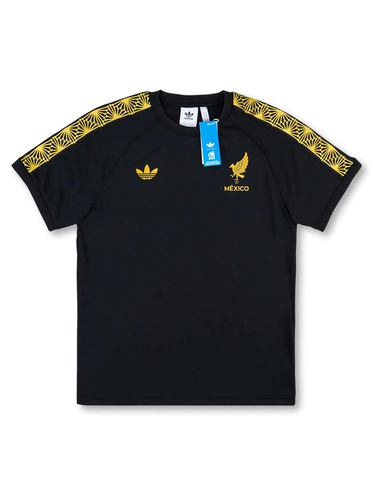 メキシコ代表×adidas Originalsスペシャルエディション正面、ブラック×ゴールドマンダラ幾何学肩ストライプ・トレフォイルロゴ・FMFイーグルエンブレム・タグ付き未使用