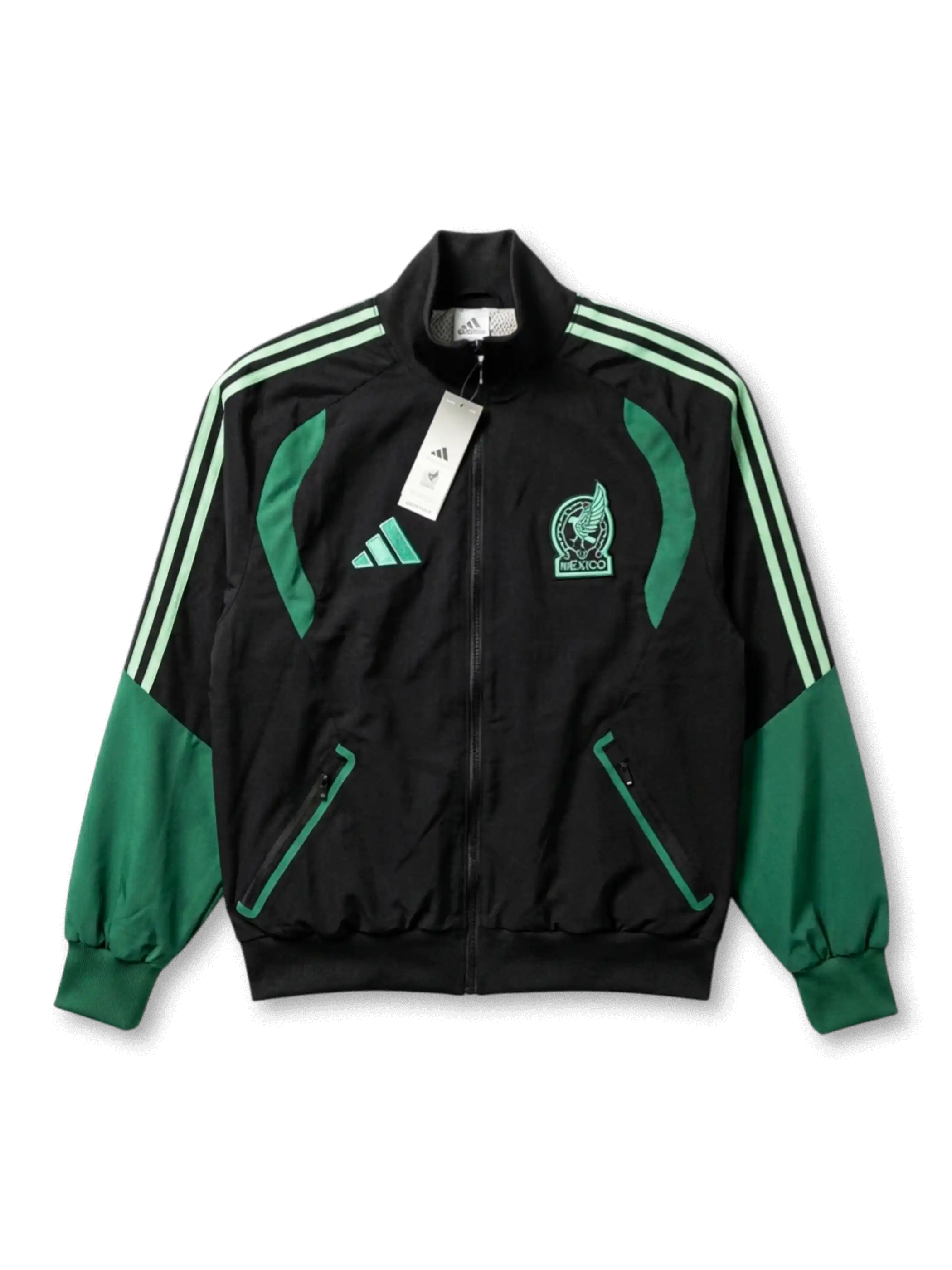 メキシコ代表×adidasトレーニングトラックジャケット正面・ブラック×グリーン、ミントグリーン3本ストライプ・グラフィックパネル・FMFイーグルエンブレム・タグ付き未使用