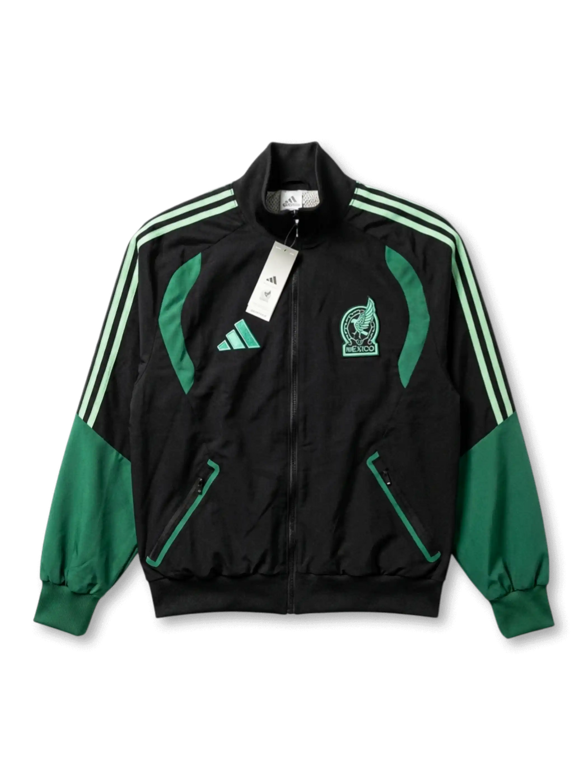 メキシコ代表×adidasトレーニングトラックジャケット正面・ブラック×グリーン、ミントグリーン3本ストライプ・グラフィックパネル・FMFイーグルエンブレム・タグ付き未使用