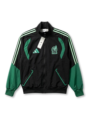 メキシコ代表×adidasトレーニングトラックジャケット正面・ブラック×グリーン、ミントグリーン3本ストライプ・グラフィックパネル・FMFイーグルエンブレム・タグ付き未使用