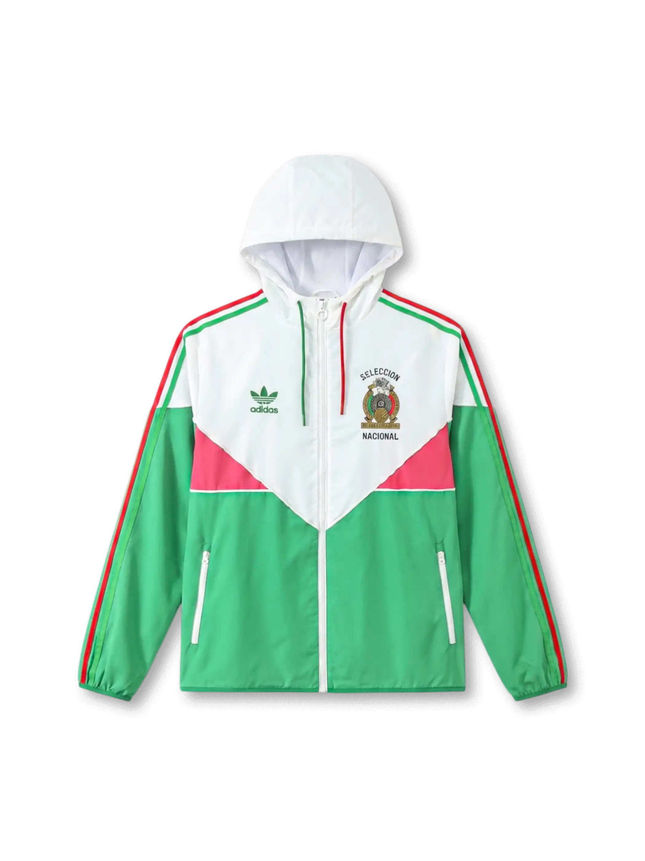 メキシコ代表 adidas Originals 復刻ウィンドブレーカー グリーン/ホワイト — ホワイトシェブロンパネルと三色袖ストライプ、SELECCION NACIONALヴィンテージ国章エンブレムを配した復刻ライフスタイルライン