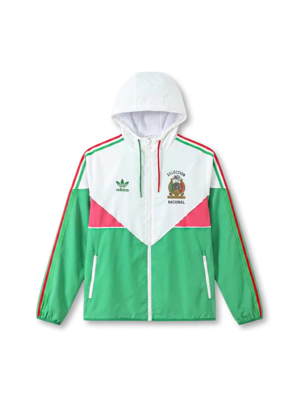 メキシコ代表 adidas Originals 復刻ウィンドブレーカー グリーン/ホワイト — ホワイトシェブロンパネルと三色袖ストライプ、SELECCION NACIONALヴィンテージ国章エンブレムを配した復刻ライフスタイルライン