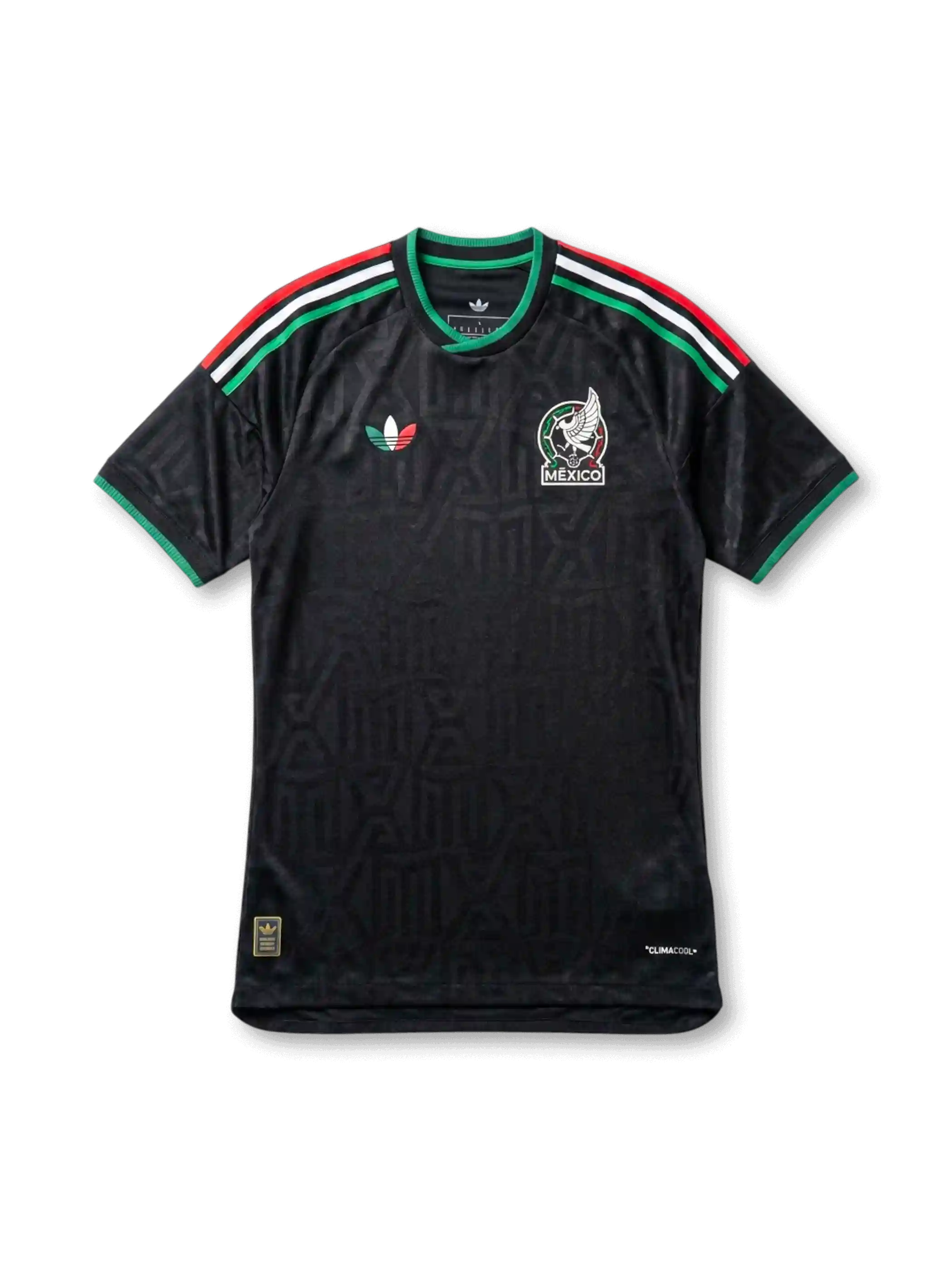 メキシコ代表 2026 FIFAワールドカップ セカンドアウェイ Authentic フロント（ブラック地アステカジャカード＋トリコロール3ストライプ肩＋FMF鷲とヘビエンブレム＋adidas Originalsトレフォイル）
