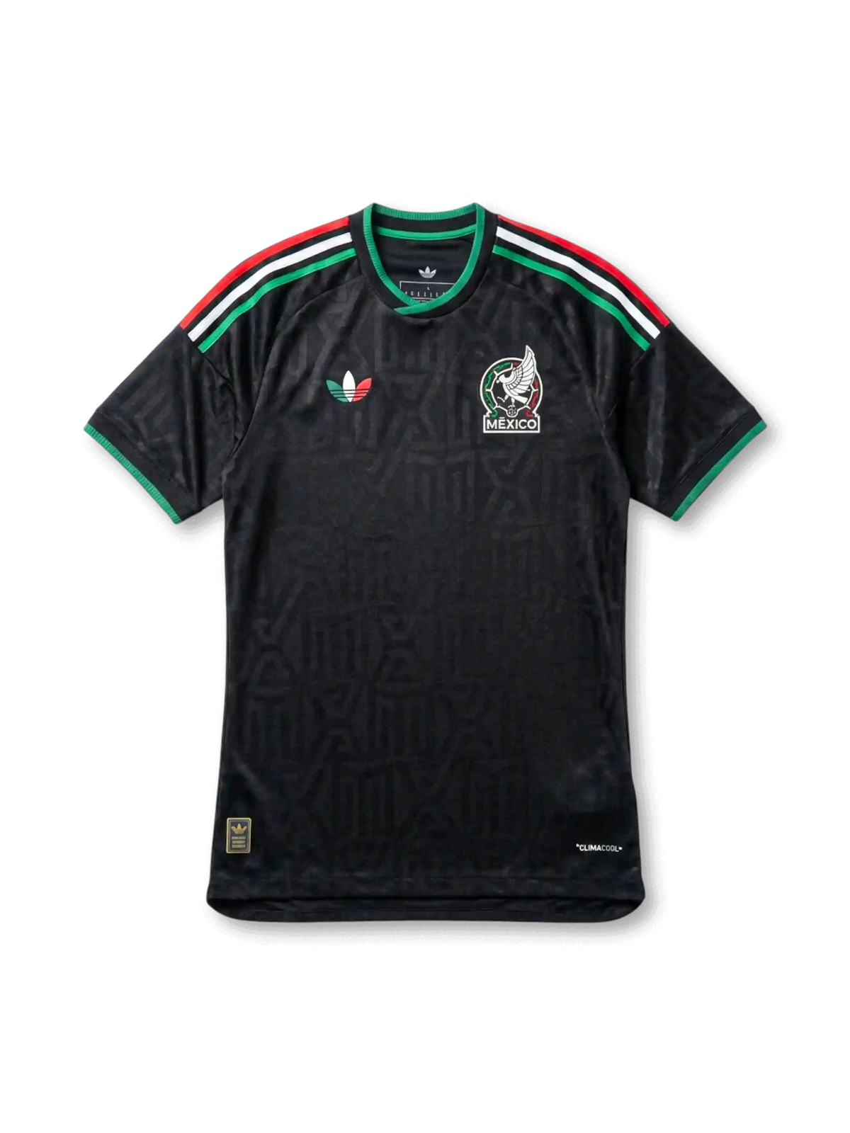 メキシコ代表 2026 FIFAワールドカップ セカンドアウェイ Authentic フロント（ブラック地アステカジャカード＋トリコロール3ストライプ肩＋FMF鷲とヘビエンブレム＋adidas Originalsトレフォイル）
