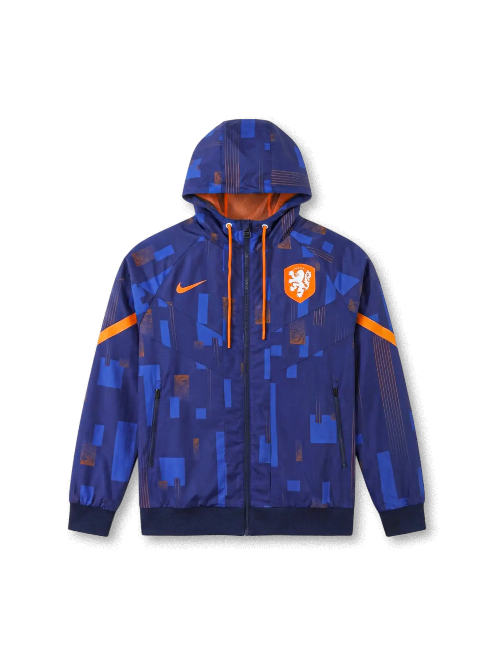 オランダ代表 Nike ウィンドランナージャケット ネイビーグラフィック — 幾何学総柄パターンとオレンジのライオンエンブレム刺繍を配した公式トレーニングライン