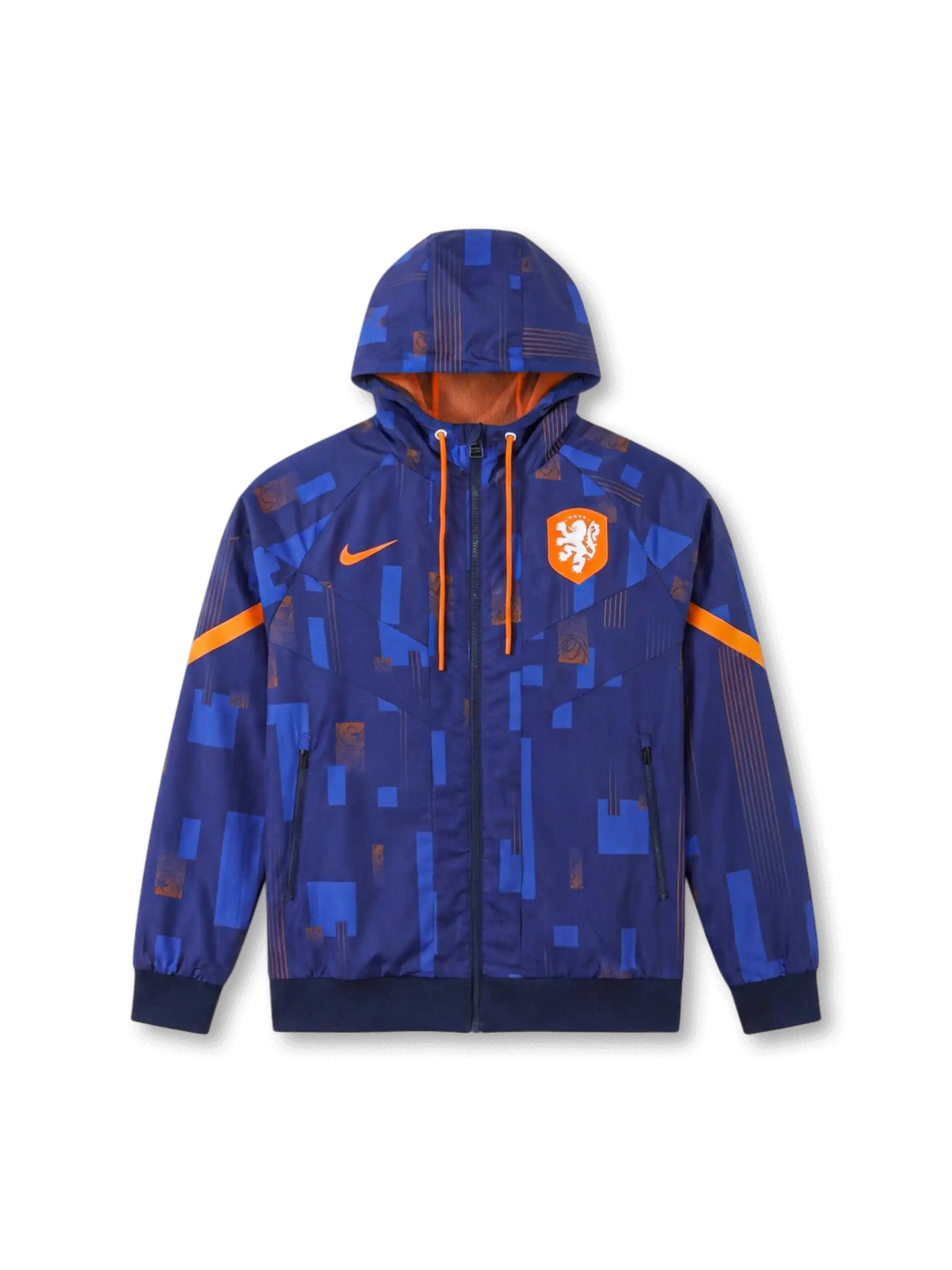 オランダ代表 Nike ウィンドランナージャケット ネイビーグラフィック — 幾何学総柄パターンとオレンジのライオンエンブレム刺繍を配した公式トレーニングライン