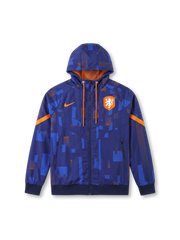 オランダ代表 Nike ウィンドランナージャケット ネイビーグラフィック — 幾何学総柄パターンとオレンジのライオンエンブレム刺繍を配した公式トレーニングライン