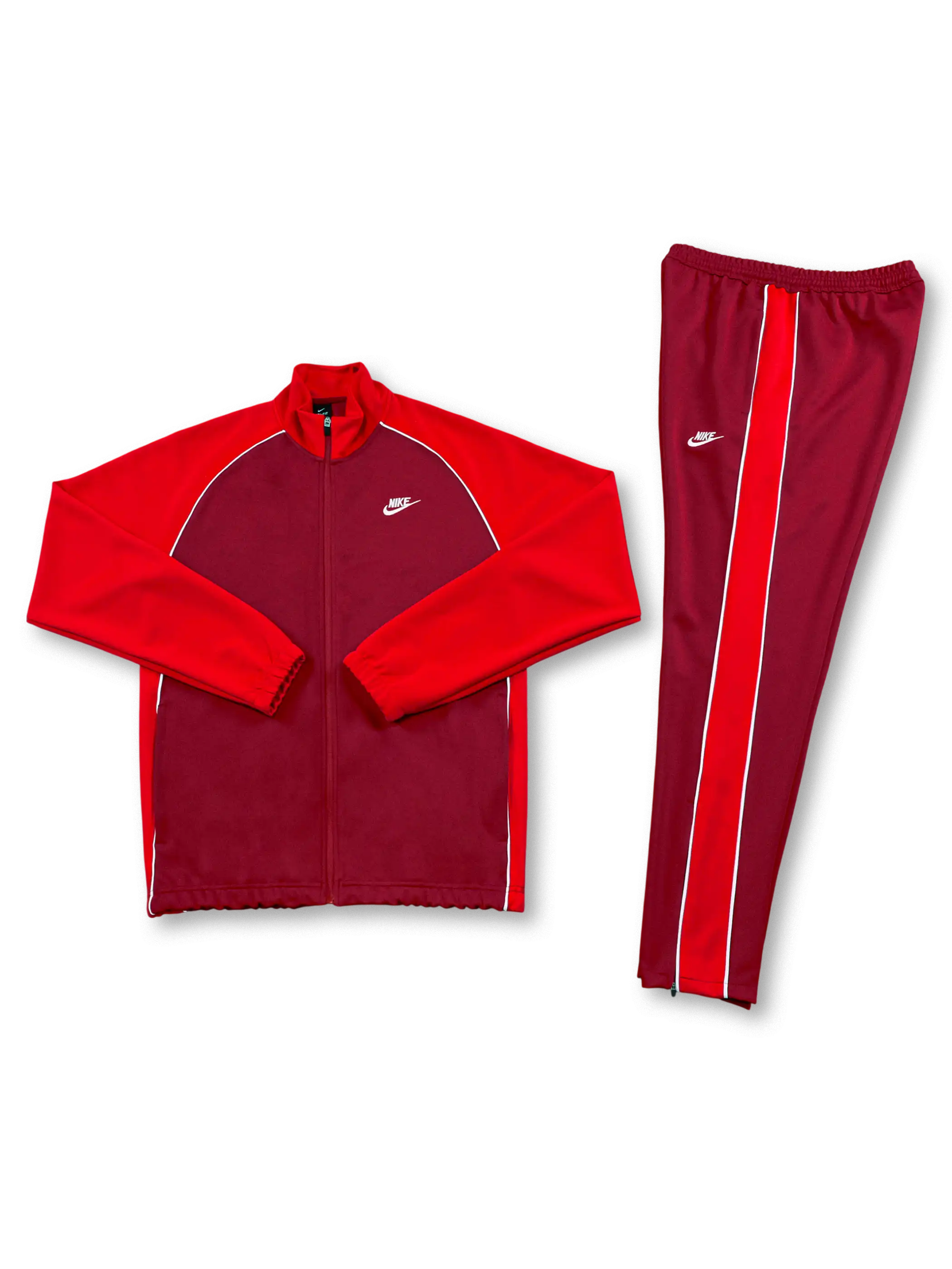 バーガンディ×レッド切替のトラックジャケットとパンツの正面全体