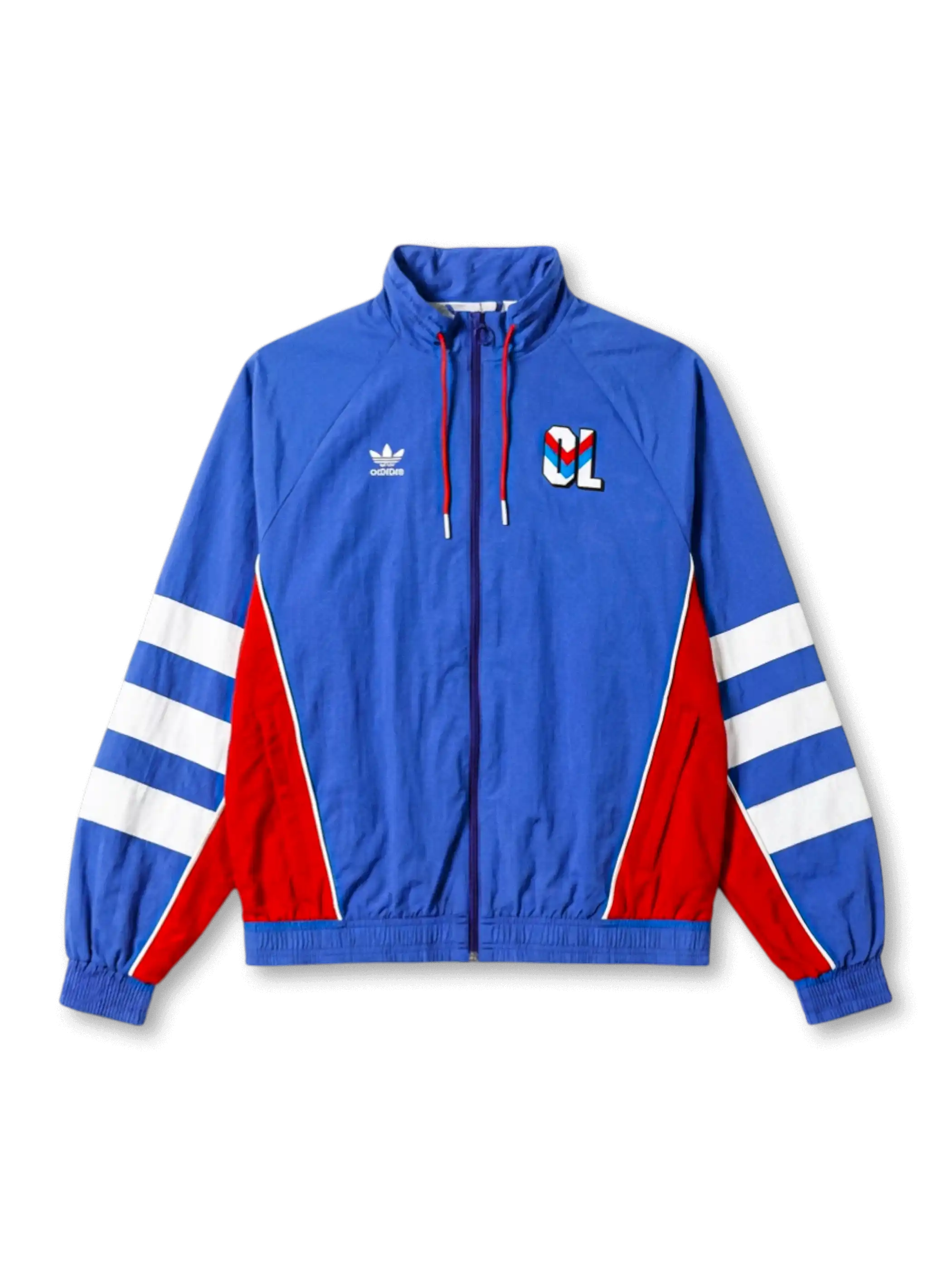 オランピック・リヨネ adidas Originals 復刻トラックジャケット ロイヤルブルー — レッド脇パネルとホワイト3ストライプ、ヴィンテージOLバッジ刺繍を配した復刻ライフスタイルライン