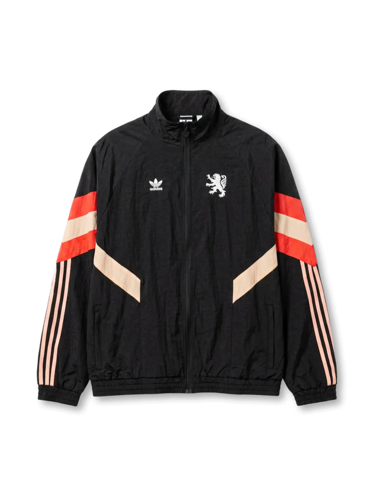 オランピック・リヨン adidas Originals ウィンドブレーカー正面、ブラック×赤ベージュシェブロン・白ライオン刺繍エンブレム