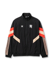 オランピック・リヨン adidas Originals ウィンドブレーカー正面、ブラック×赤ベージュシェブロン・白ライオン刺繍エンブレム