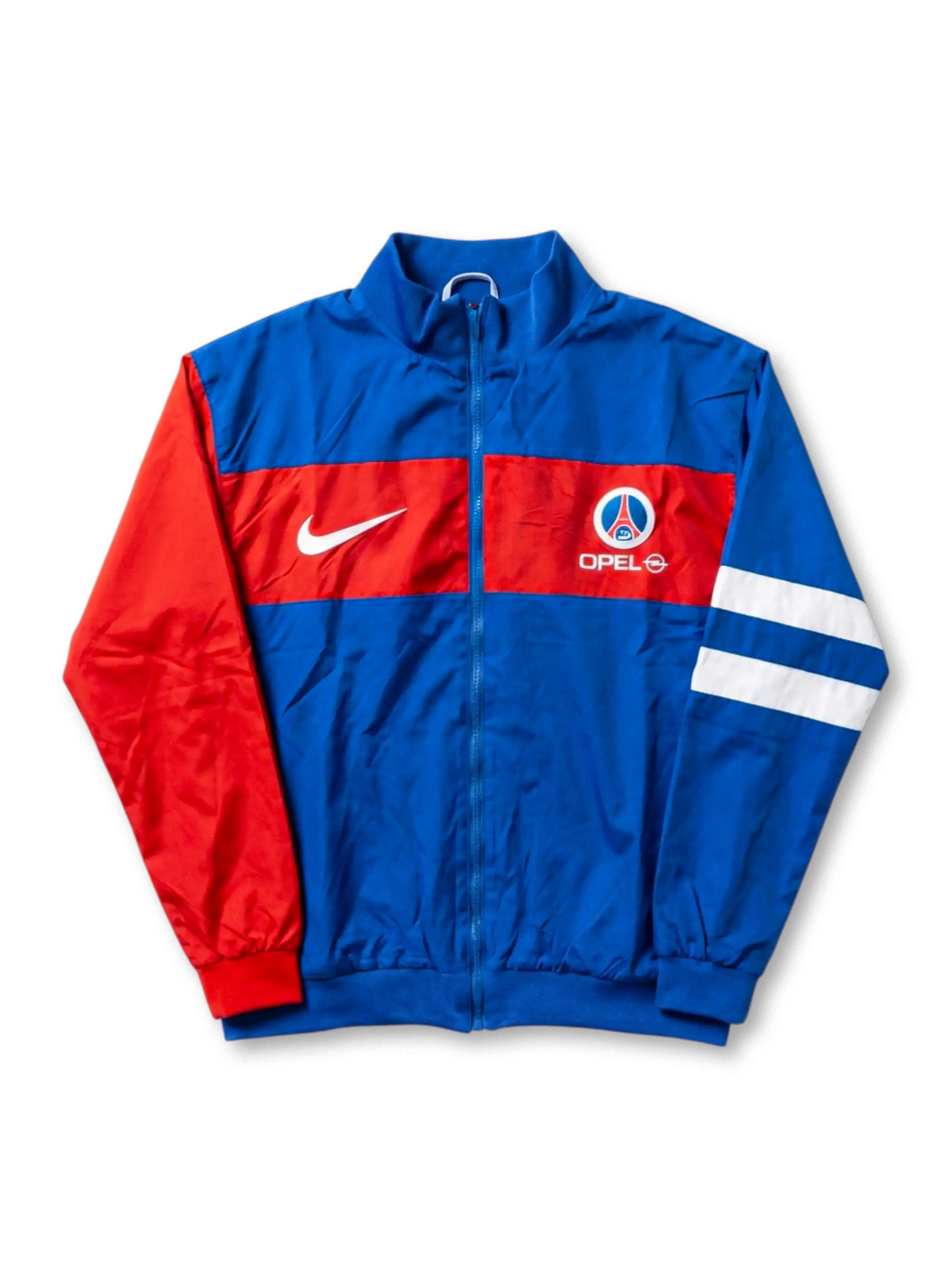 パリ・サンジェルマン Nike ヴィンテージトラックジャケット ロイヤルブルー/レッド 前面 — Opelスポンサーロゴと旧PSGエンブレムを配した1990年代実物ヴィンテージ
