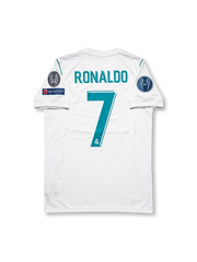レアル・マドリード 2017-18 ホーム UEFAチャンピオンズリーグ仕様 ロナウド7番 フロント（ホワイト×ティールブルー＋Fly Emirates＋FIFAクラブワールドカップ金バッジ＋UCL 12回優勝バッジ＋UEFA RESPECT＋adidasロゴ）