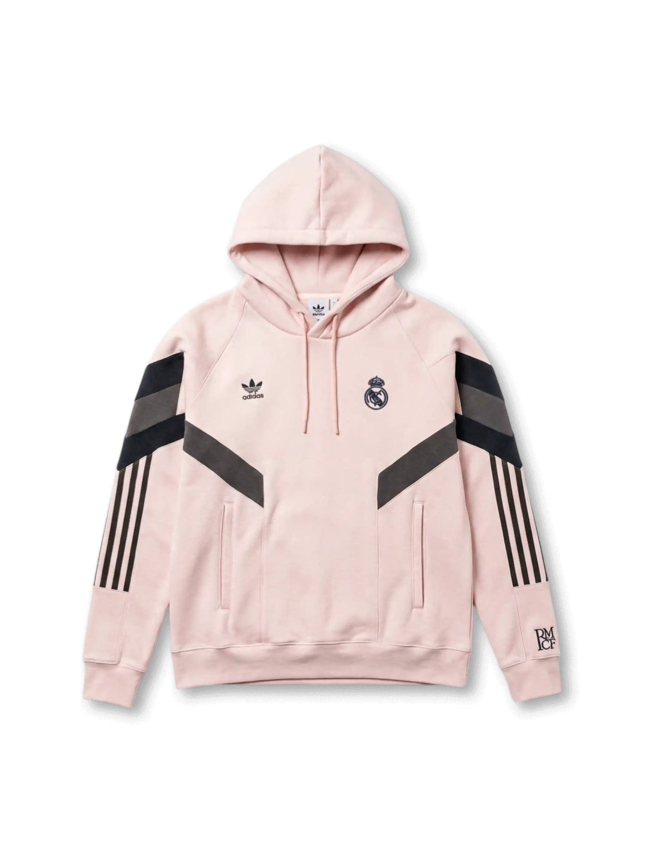 レアル・マドリード adidas Originals シェブロンフーディー ピンク 前面 — チャコールV字パネル・エンブレム刺繍・3ストライプを配した復刻ライフスタイルライン