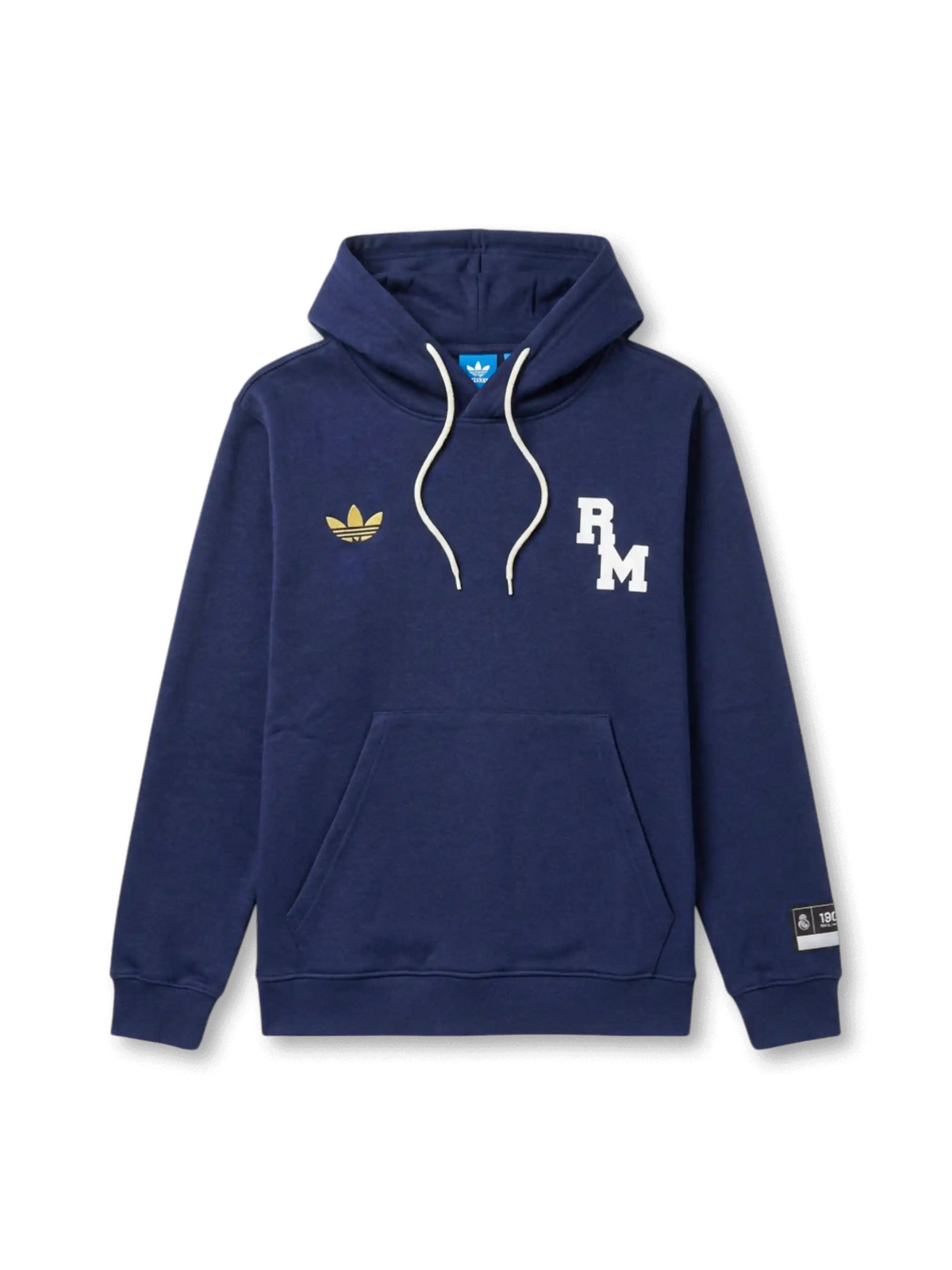 レアル・マドリード adidas Originals カレッジエイトフーディー ネイビー 前面 — ゴールドトレフォイルとRMカレッジ体刺繍