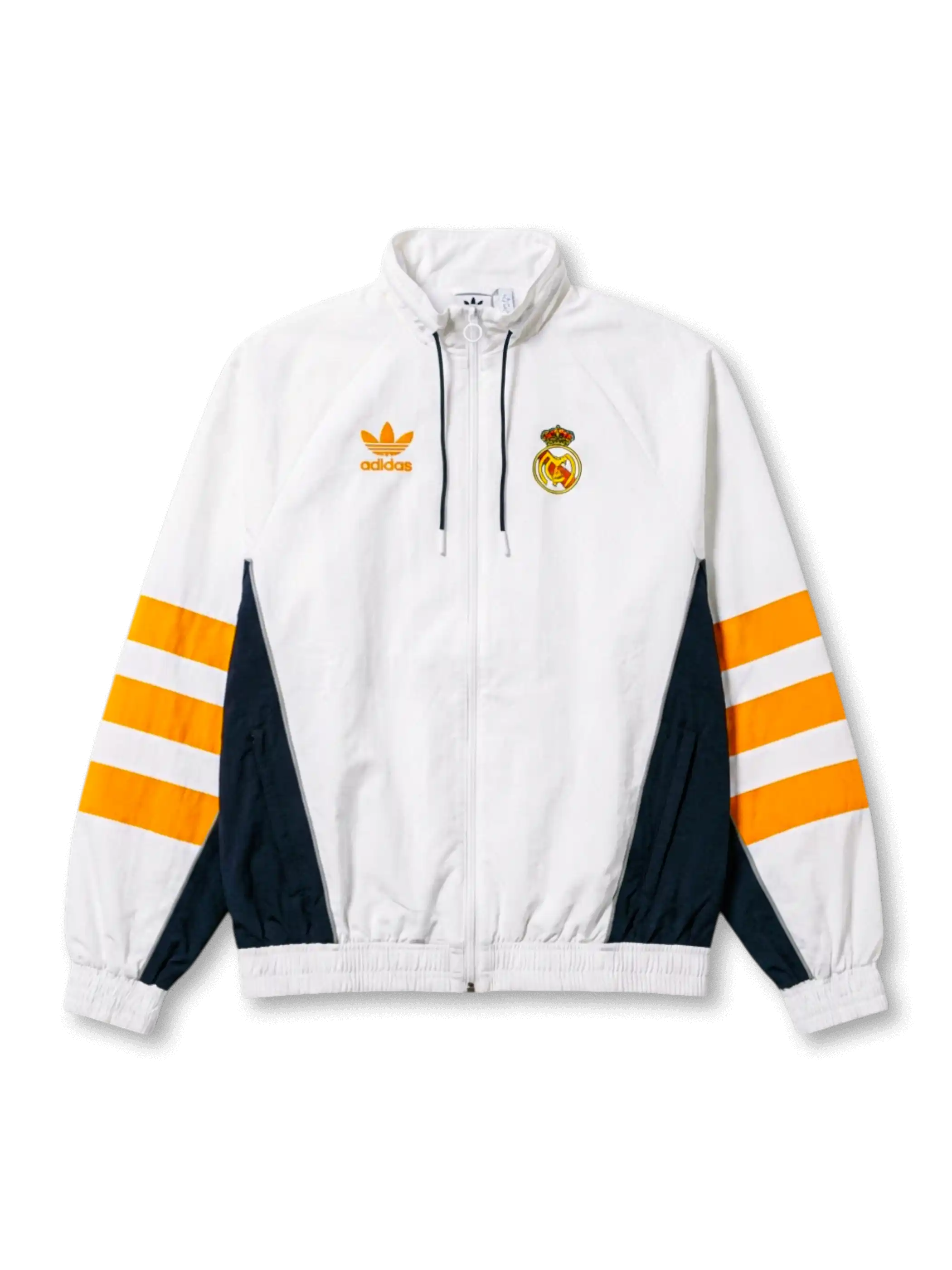 レアル・マドリード adidas Originals 復刻トラックジャケット ホワイト/オレンジ — オレンジ3ストライプとネイビー脇パネル、ヴィンテージクラウンエンブレムを配した復刻ライフスタイルライン