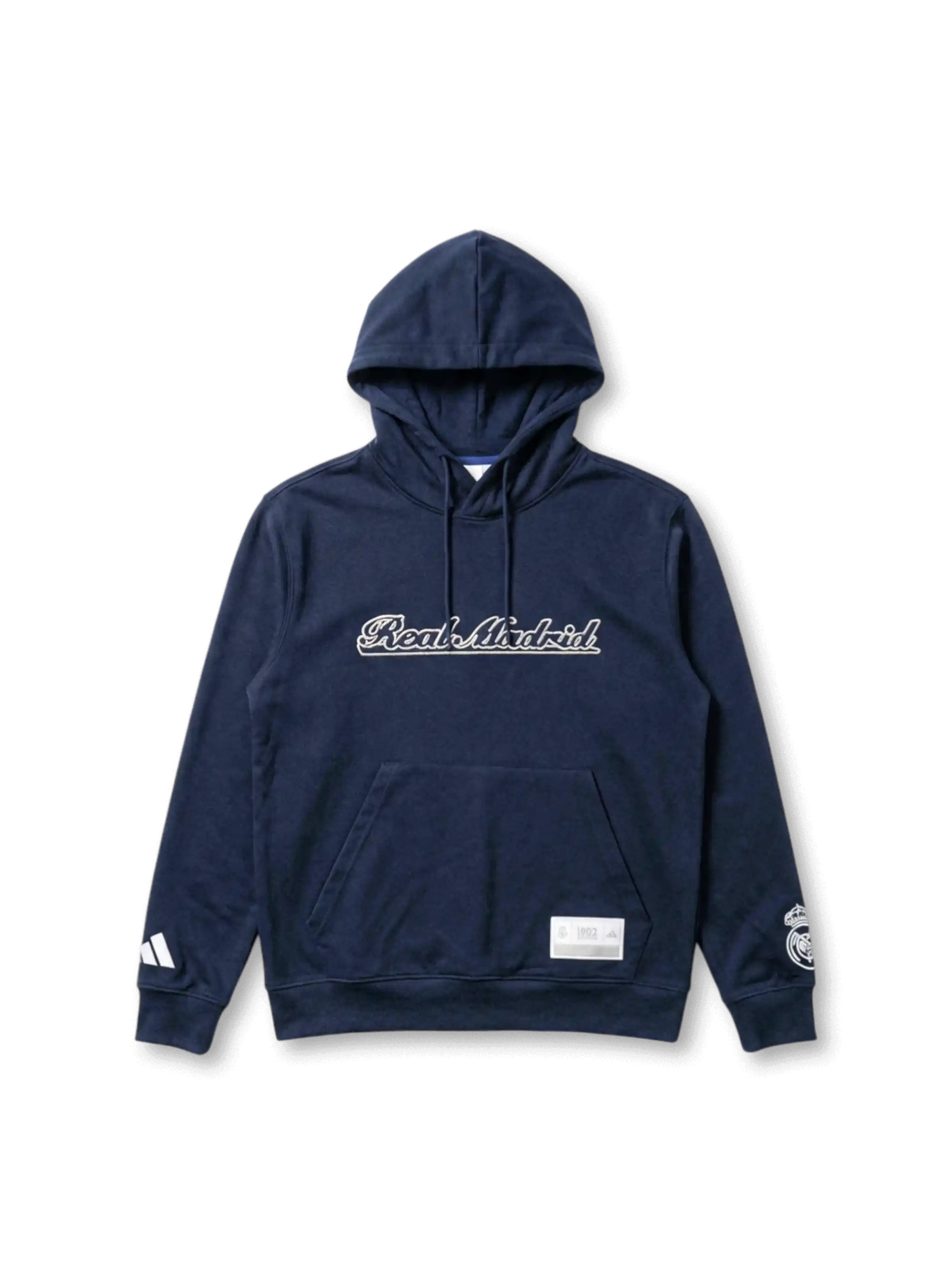 レアル・マドリード adidas Originals スクリプトレタリングフーディー ネイビー — 流麗な筆記体「Real Madrid」刺繍と1902ヘリテージラベルを配した復刻ライフスタイルライン