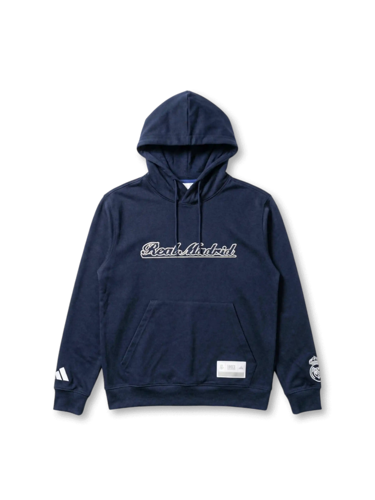 レアル・マドリード adidas Originals スクリプトレタリングフーディー ネイビー — 流麗な筆記体「Real Madrid」刺繍と1902ヘリテージラベルを配した復刻ライフスタイルライン