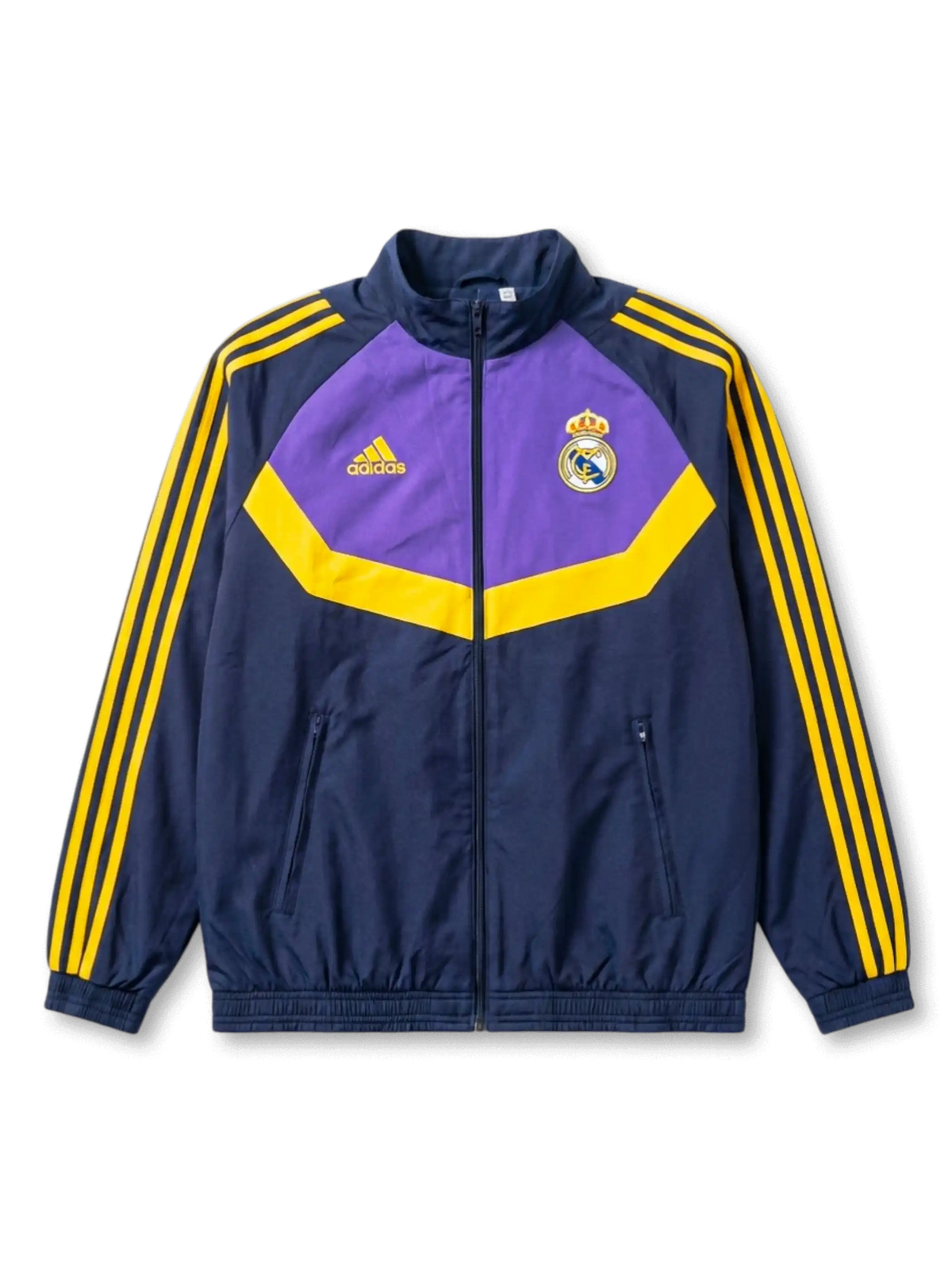 レアル・マドリード adidas リバーシブルウィンドブレーカー ネイビー面 — ミニマルな無地構成とクラウンエンブレム縦配置刺繍