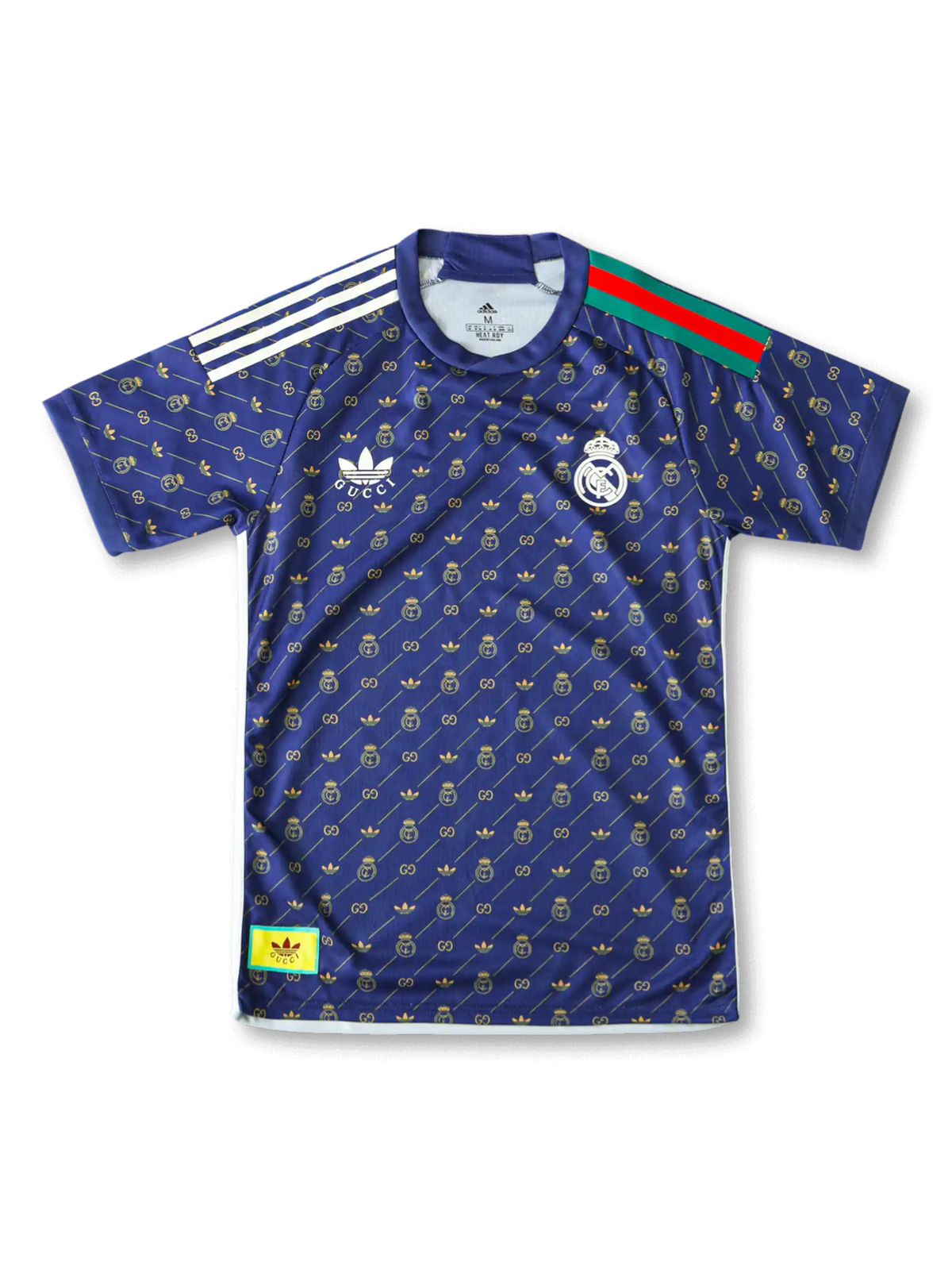 レアル・マドリード×Gucci×adidas Originalsスペシャルエディション正面、ネイビー×GGモノグラム総柄プリント・グリーン赤ウェブストライプ・RMエンブレム・トレフォイルロゴ