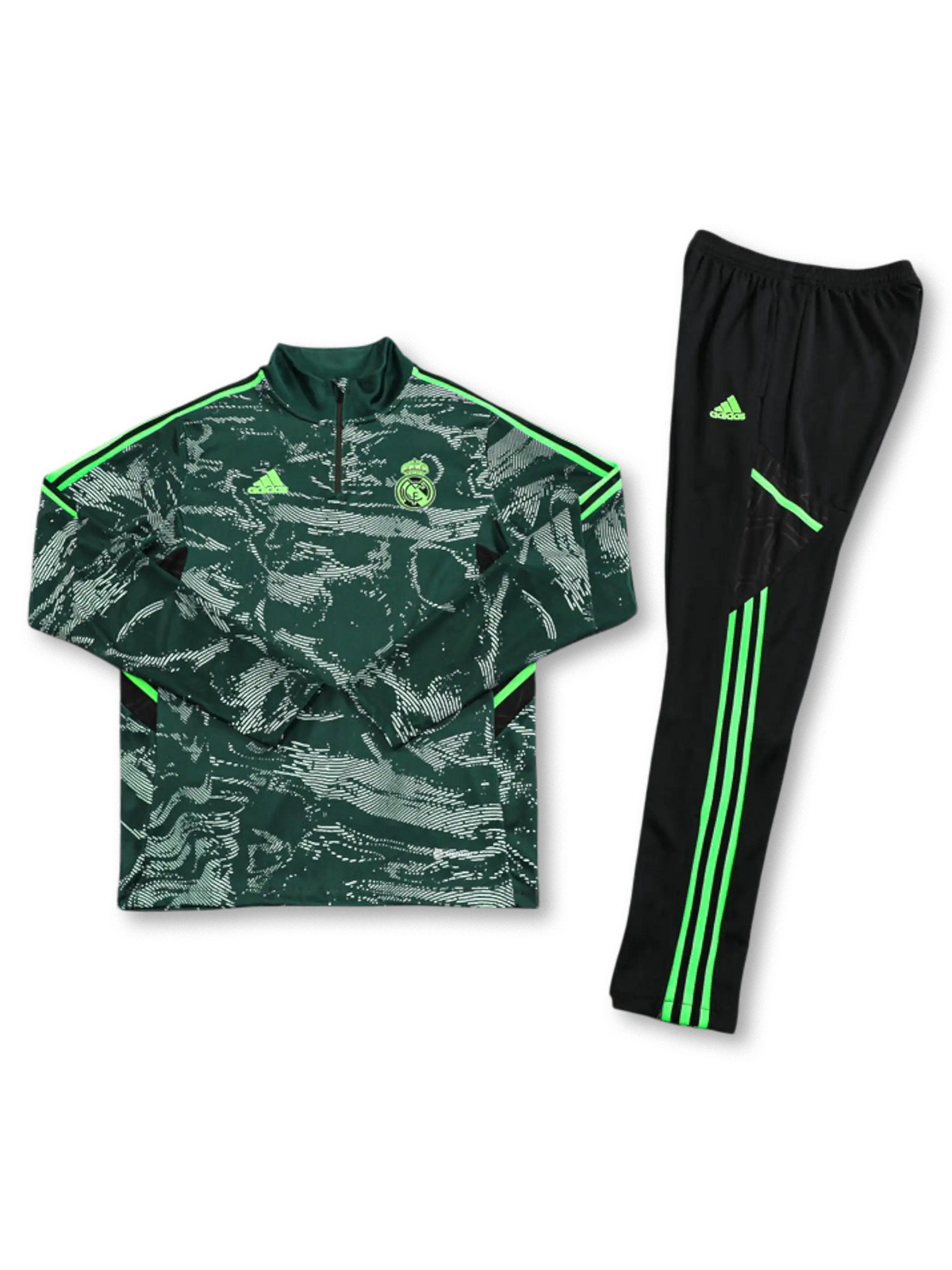レアル・マドリード UCL仕様 ハーフジップ トレーニングセット 正面（グリーンカモ／ネオンライン）