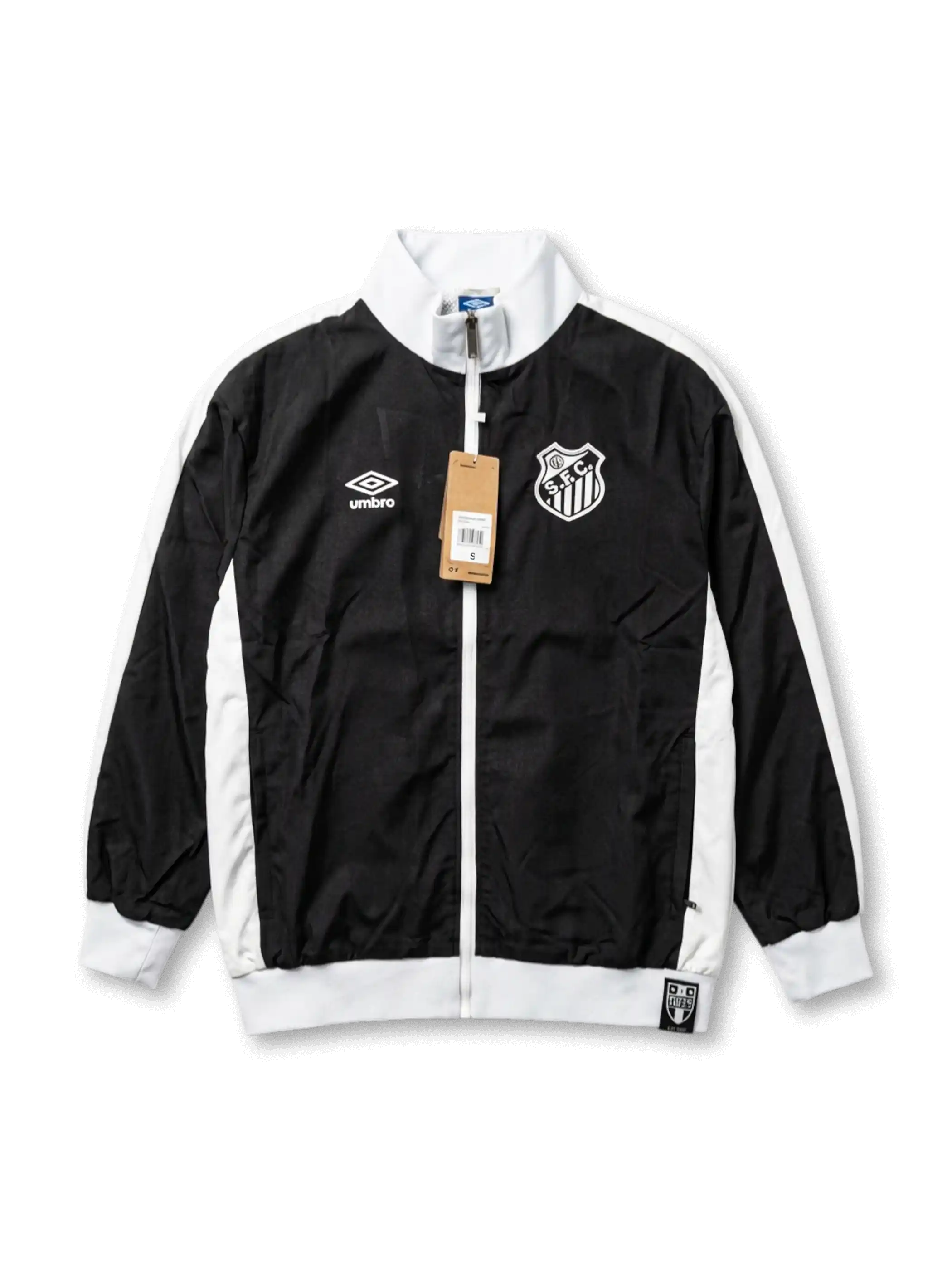 サントスFC×Umbro×Toppsトラックジャケット正面・ブラック×ホワイト、ブラックサテン×ホワイトサイドパネル・UmbroロゴSFCエンブレム・Toppsコラボ裾タグ・タグ付き未使用