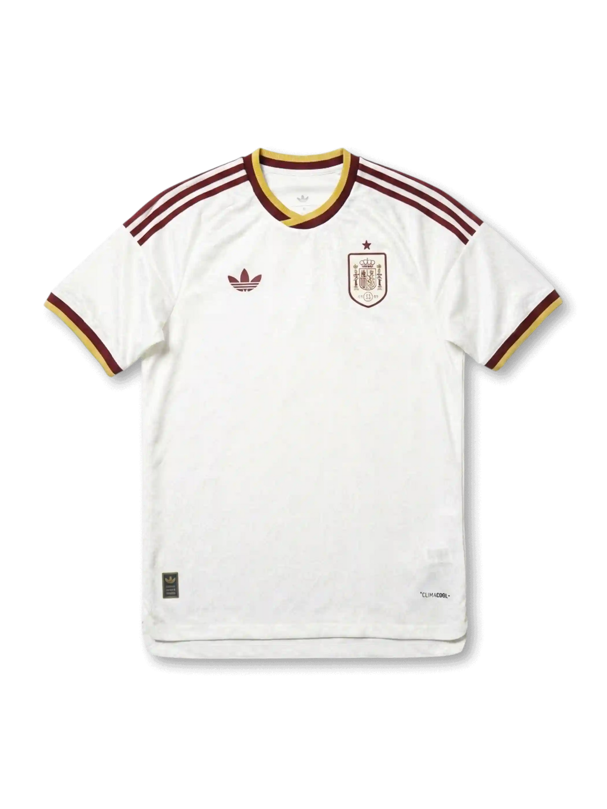 スペイン代表 2026 FIFAワールドカップ アウェイ Authentic フロント（オフホワイト地＋バーガンディ3ストライプ肩＋ゴールド×バーガンディ2トーンリブ＋RFEF王室紋章＋adidas Originalsトレフォイル）